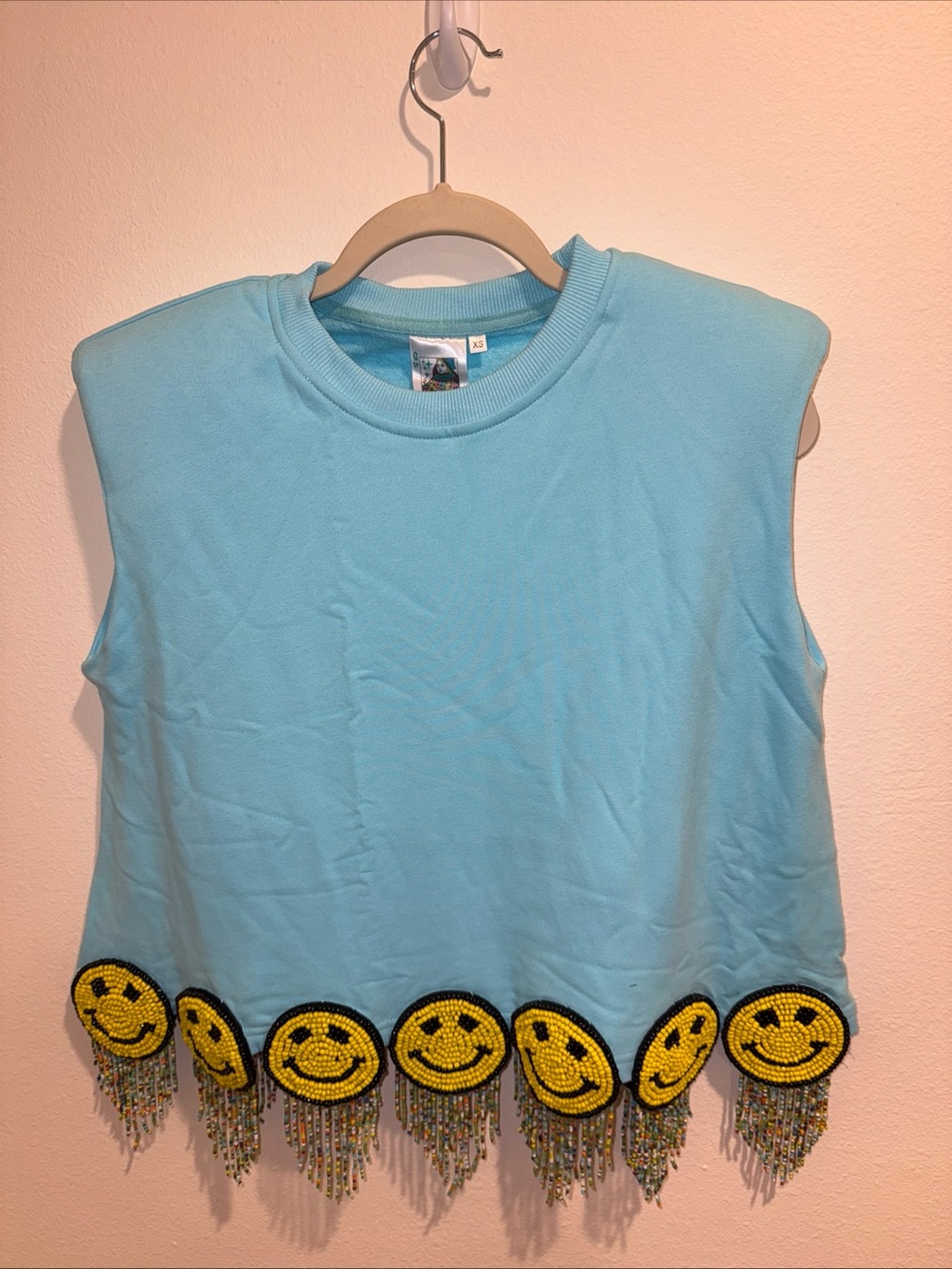 NWOT Queen of Sparkles Blue Beaded Smiley Face Fringe Top (XS)